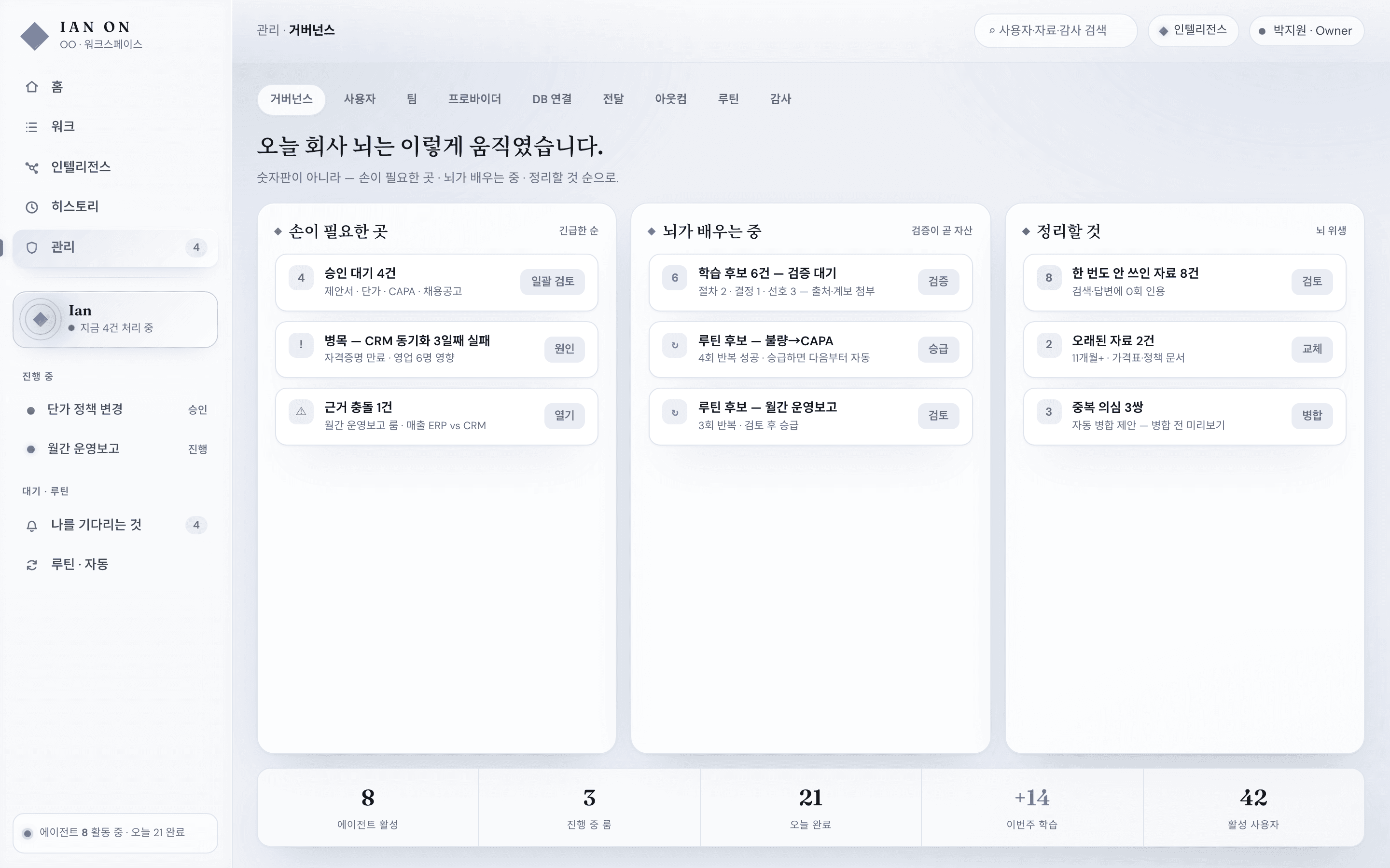 관리 콘솔의 거버넌스 화면