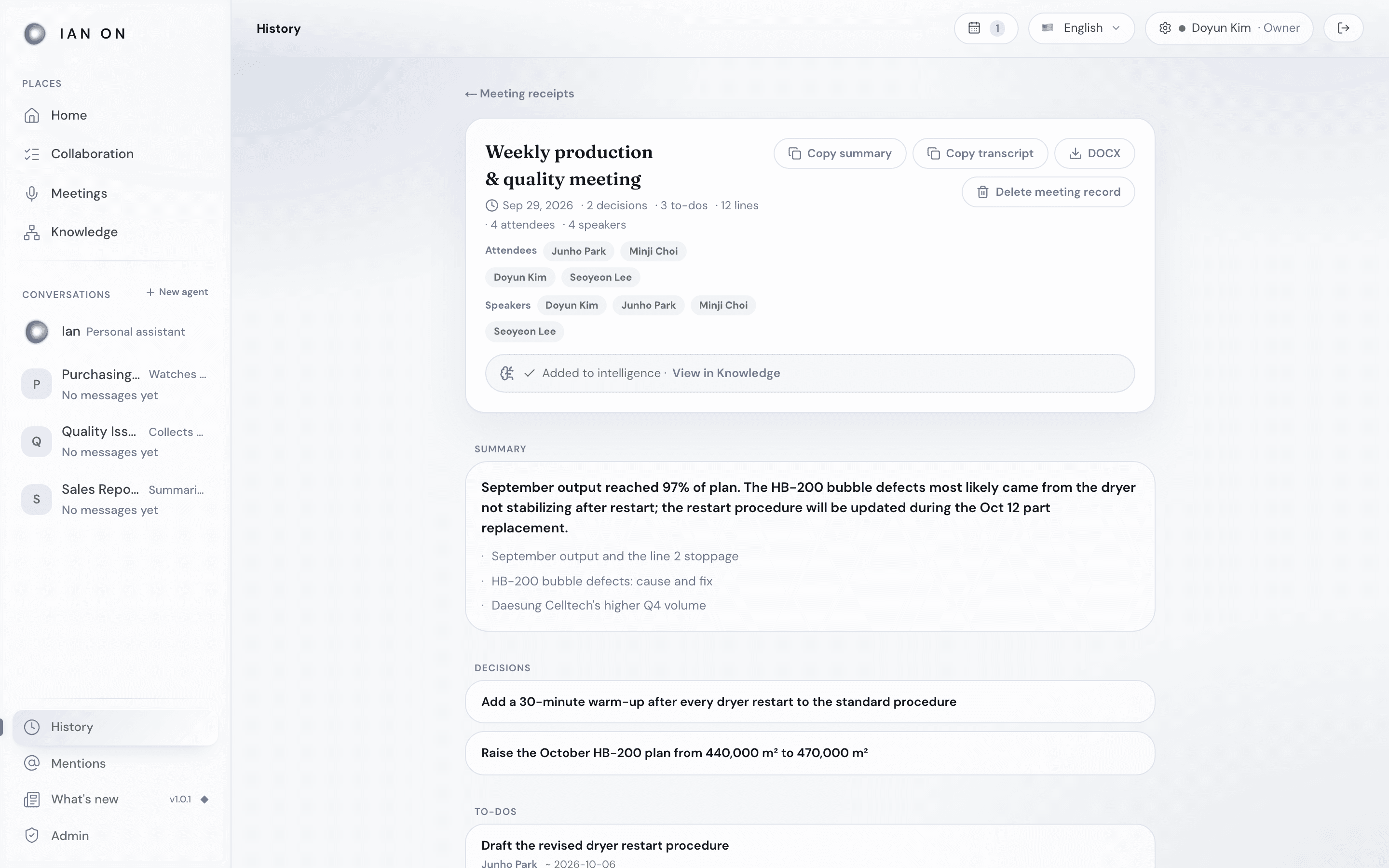 Meeting record — summary, decisions and to-dos