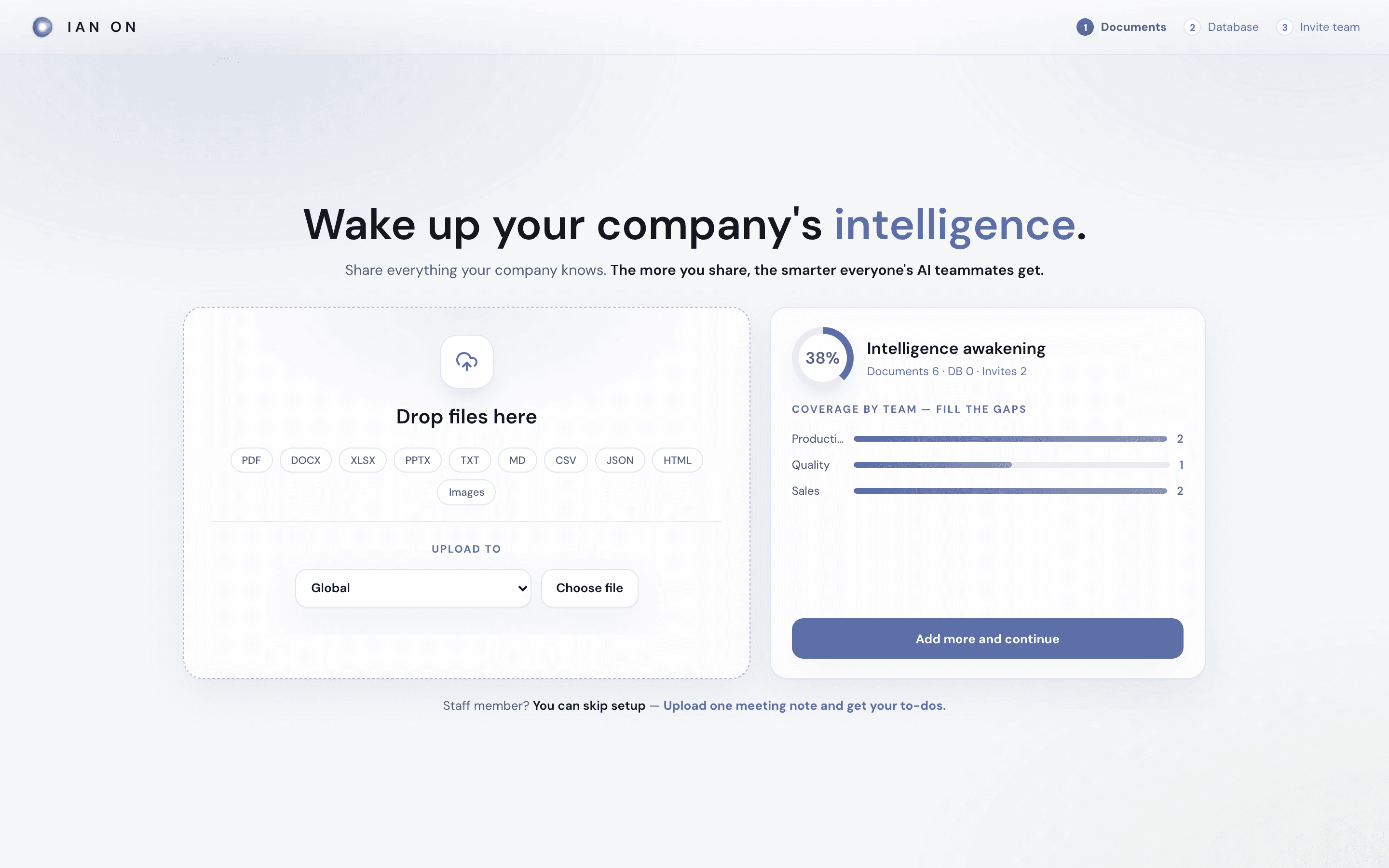 First-run setup — documents, database, team invites